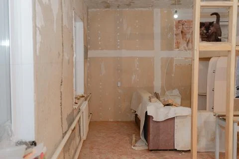 Construction of an old room, renovation work Stock Photos