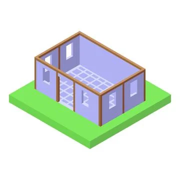 Construction of a one story house with an open floor plan, isometric view Ilustración de archivo