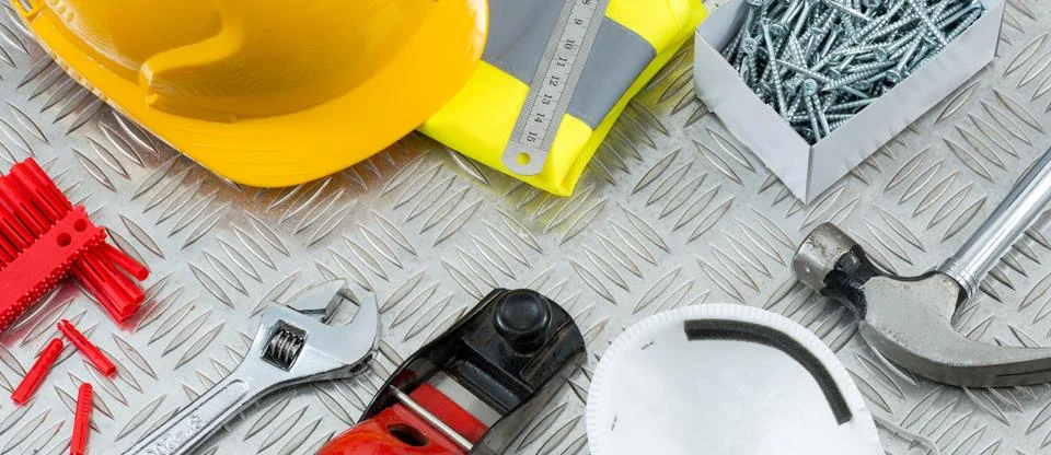 Construction or DIY Tools and Equipment on Steel Tread Plate Stock Photos