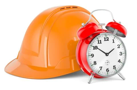 Construction Orange Hard Hat with alarm clock. 3D rendering Stock Illustration