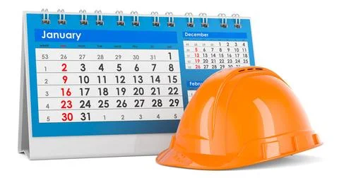Construction Orange Hard Hat with desk calendar, 3D rendering Construction... Stock Photos