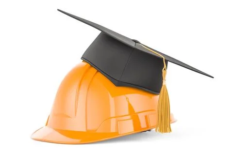 Construction Orange Hard Hat with education hat. 3D rendering Stock Illustration