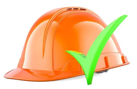 Construction orange hard hat with green check mark, 3D rendering Stock Illustration