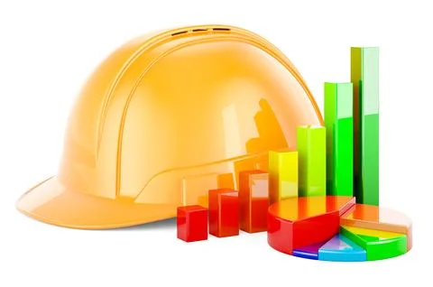 Construction Orange Hard Hat with growth bar graph and pie chart. 3D renderin Stock Illustration