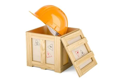 Construction Orange Hard Hat inside wooden box, delivery concept. 3D renderin Illustrazione stock