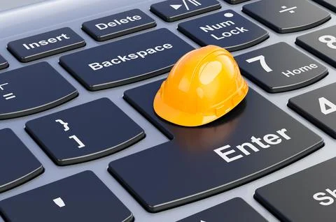 Construction Orange Hard Hat on laptop keyboard, 3D rendering Stock Illustration