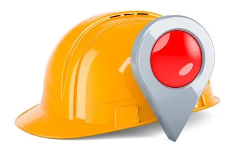 Construction Orange Hard Hat with map pointer. 3D rendering Illustrazione stock