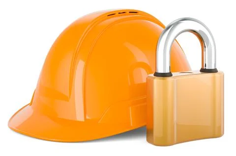 Construction Orange Hard Hat with padlock, 3D rendering Stock Illustration