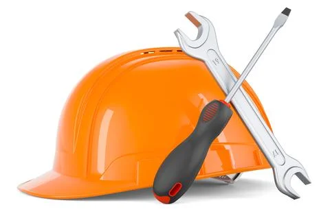 Construction Orange Hard Hat with screwdriver and wrench, 3D rendering Stock Illustration