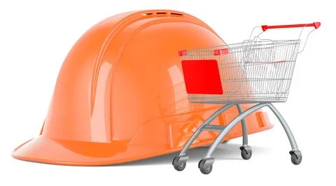 Construction Orange Hard Hat with shopping cart, 3D rendering Stock Illustration