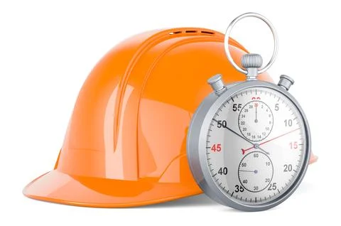 Construction Orange Hard Hat with stopwatch. 3D rendering Stock Illustration
