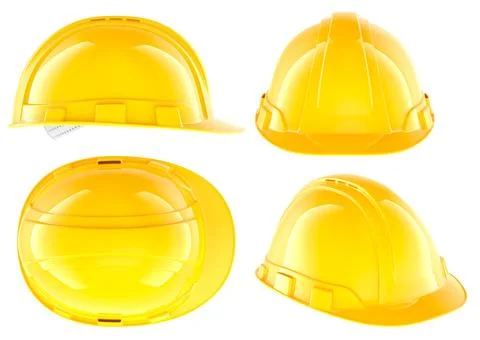 Construction orange hard hats. Different views and angles, 3D rendering Stock Illustration