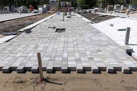 Construction of pedestrian paths in the city square. city park Stock Photos