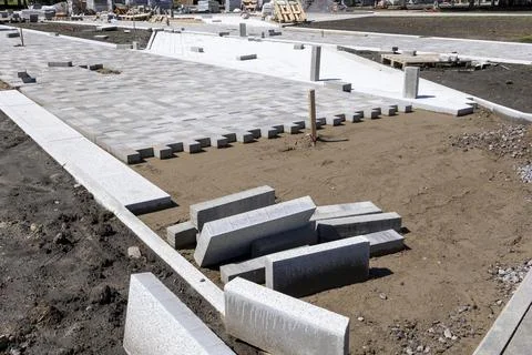 Construction of pedestrian paths in the city square. city park Stock Photos