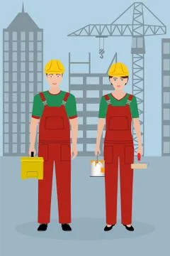 Construction people characters. Couple of workers in overalls on a cityscape  Stock Illustration