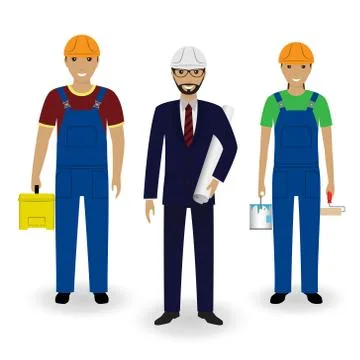 Construction people. Engineer in suit with drawings and couple of workers in  Stock Illustration