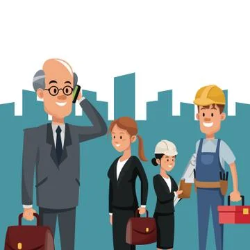 Construction people team workers portfolio toolkit urban background Stock Illustration