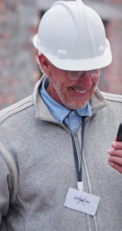 Construction, phone and man at site laugh for funny email, social media or Stock Footage 340949551