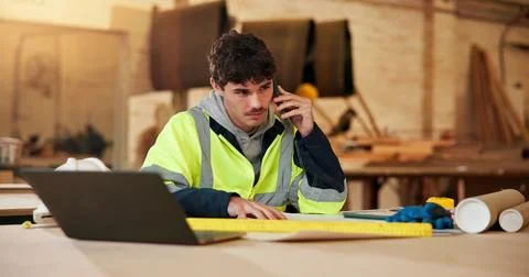 Construction, phone call and thinking with man in carpentry workshop for lumber Stock Photos