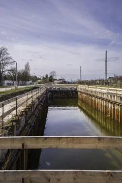 A construction pit has filled with water Foto stock