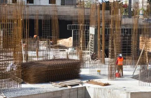 Construction pit with preparation of reinforcement and formwork for the const Stock Photos