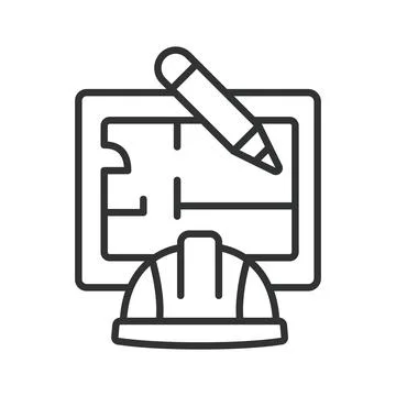 Construction plan and hard hat icon in line design. Architecture, engineering Stock Illustration