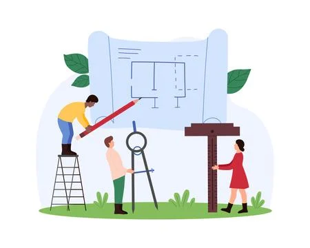 Construction plan development process by tiny people with pencil, caliper and Stock Illustration