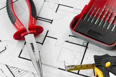 Construction plan tools Stock Photos