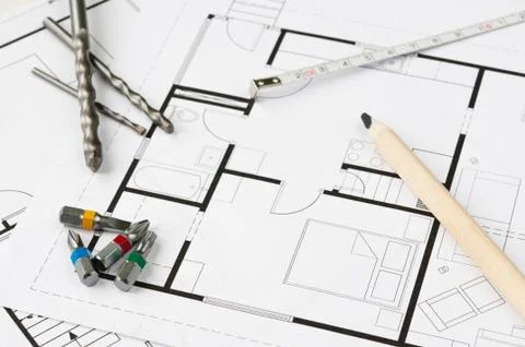 Construction plan tools Stock Photos