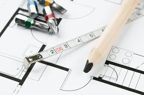 Construction plan tools Stock Photos