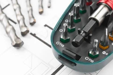 Construction plan tools Stock Photos