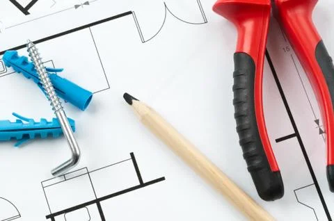Construction plan tools Stock Photos