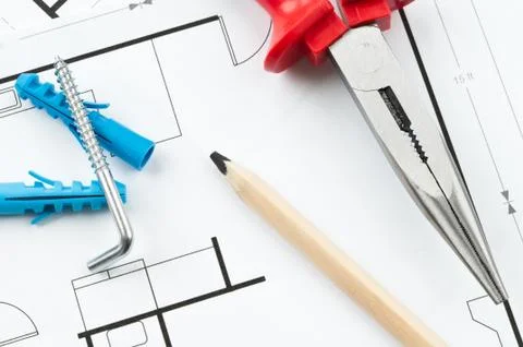Construction plan tools Stock Photos