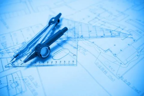 Construction planning and drawing tools background Stock Photos