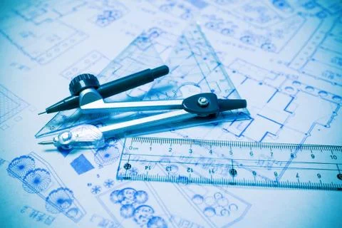 Construction planning and drawing tools background (blueprint) Stock Photos