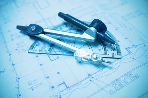 Construction planning and drawing tools background (blueprint) Stock Photos