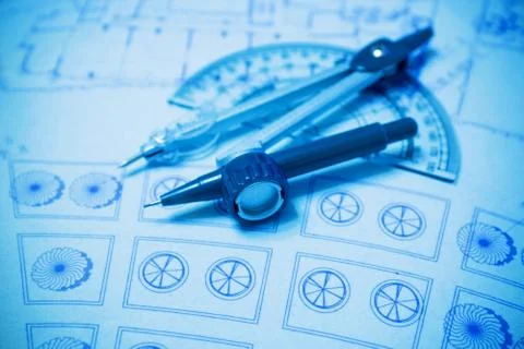 Construction planning and drawing tools background (blueprint) Foto stock