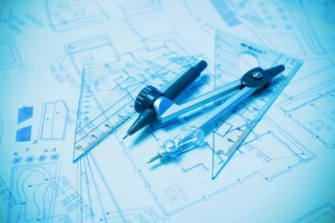 Construction planning and drawing tools background (blueprint) Stock Photos