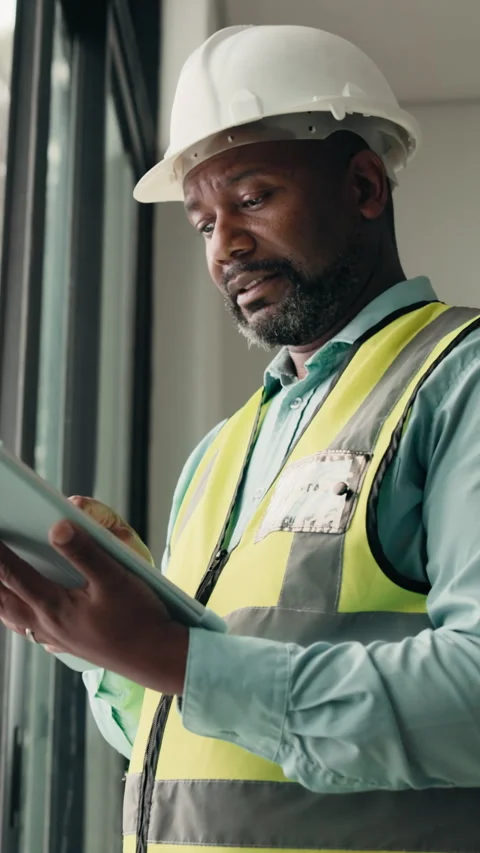 Construction, planning and tablet with black man on worksite for architecture or Stock Footage 337988971