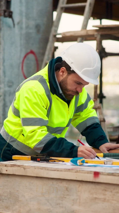 Construction, planning and writing with man on building site for project Stock Footage 336220801