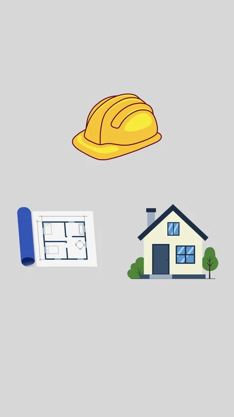 Construction Planning Concept. Blueprint, Hard Hat and House Animation, Vertical Stock Footage 342529140
