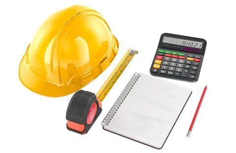 Construction planning, concept. Yellow safety helmet with calculator, tape .. Ilustración de archivo