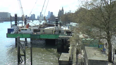 Construction Platform on the Banks of the Thames River in London Stock Footage 238744535
