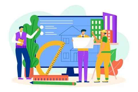 Construction platform online, vector illustration. Engineer man character talk Illustration