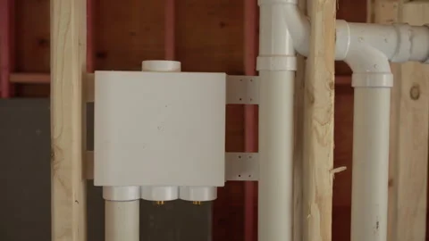 Construction plumbing system installation. Close-up view of newly installed Stock Footage 317062866