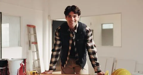 Construction, portrait and project management with architect man in home for Stock Photos