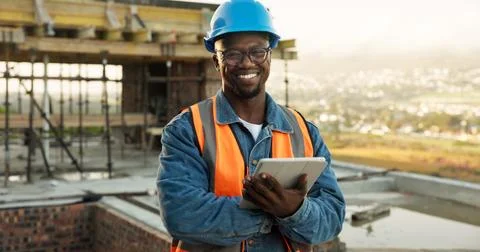 Construction, portrait or black man on site with tablet, contractor or about us Stock Photos