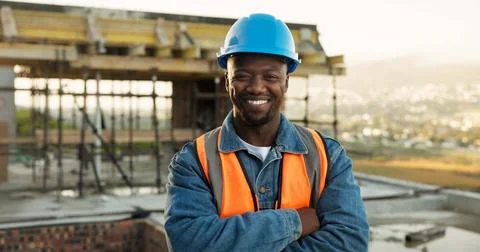 Construction, portrait or engineer on site with arms crossed, contractor or Stock Photos