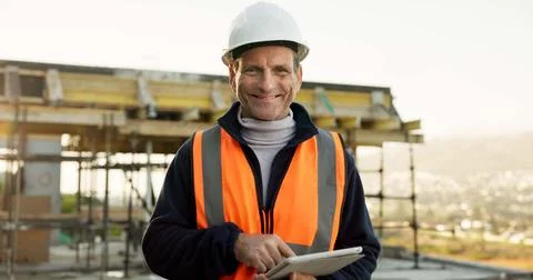 Construction, portrait or man on site with tablet, contractor or about us in Stock Photos