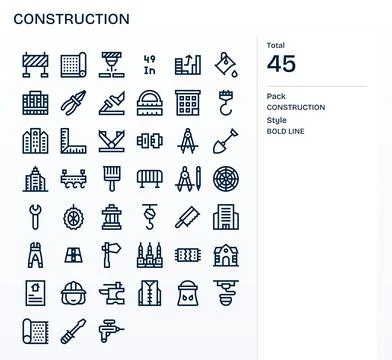 Construction Premium Vector Bundle with 45 64x64 Pixel Optimized Bold Line .. Illustrazione stock